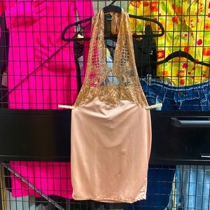 Naomi Paris Champagne Pink Glitter Halter Top Mini Dress